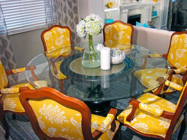 Transitional Dining Room With Bright Yellow Patterned Chairs | HGTV