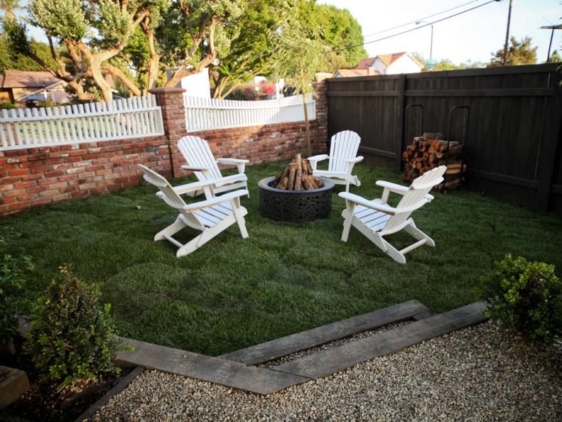 Walled Yard with Fire Pit and Adirondack Chairs