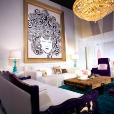 Eclectic Living Room with Purple Furniture and Teal Shag Rug