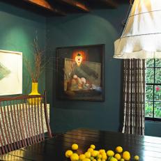 Dark Teal Blue Dining Room With Wood Ceiling