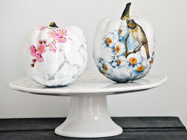 Decoupaged White Pumpkins With Pink & Blue Flowers
