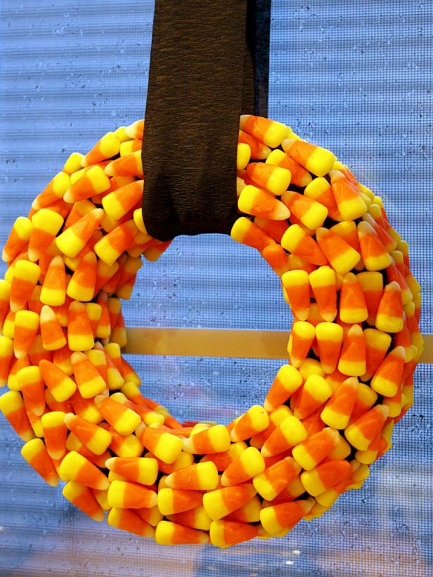Halloween wreath made of candy corns