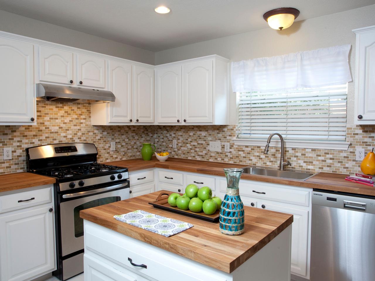 White Kitchen And Island With Butcher Block Countertops Hgtv