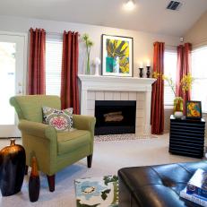 Colorful Living Room with White Tile Fireplace