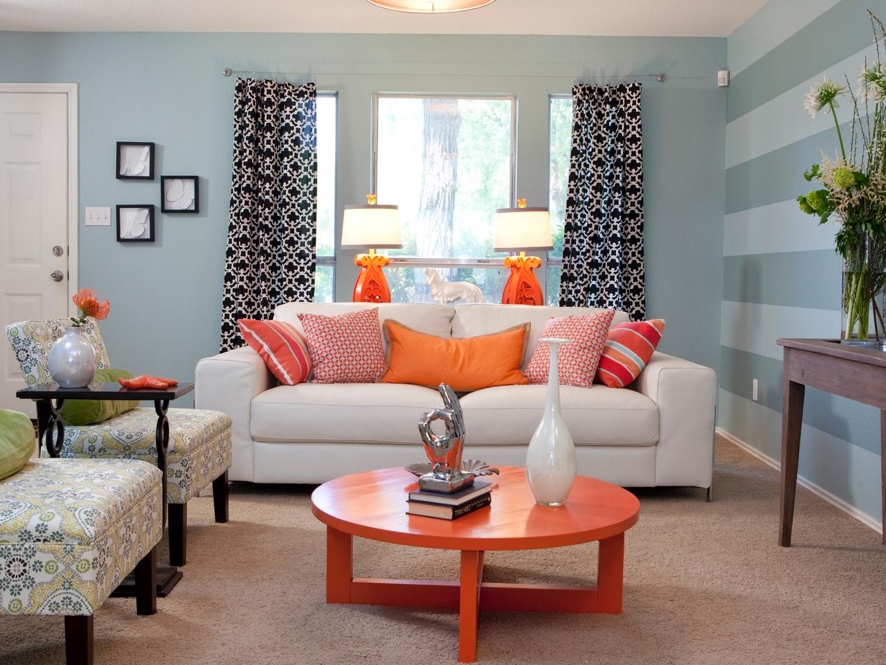 Blue Transitional Living Room With Orange Accents | HGTV