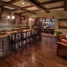 Roomy, Rustic Kitchen With Hardwood Floors, Coffered Ceiling and Bonus Seating Area