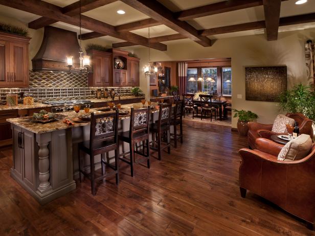 Roomy Rustic Kitchen With Hardwood Floors Coffered Ceiling