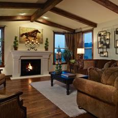 Traditional Living Room With Fireplace and Exposed Ceiling Beams