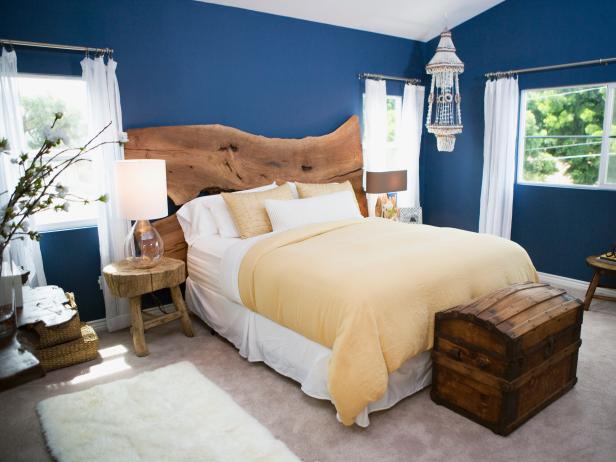 Royal Blue Bedroom with Rustic Headboard
