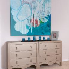 Neutral Mod Bedroom Dresser with Blue Abstract Art 