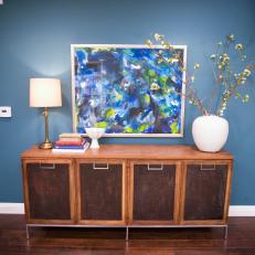 Natural Wood Console in Blue Living Room