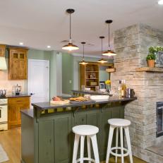 Painted Green Kitchen Island With Pendant Lights