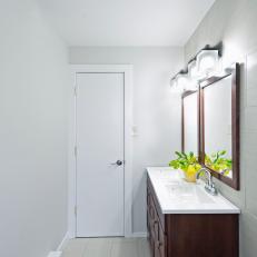 Contemporary Bathroom With Dark Wood Double Vanity