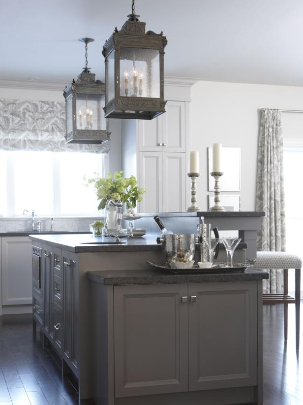 Warm Gray Kitchen Island With Pendant Lanterns | HGTV