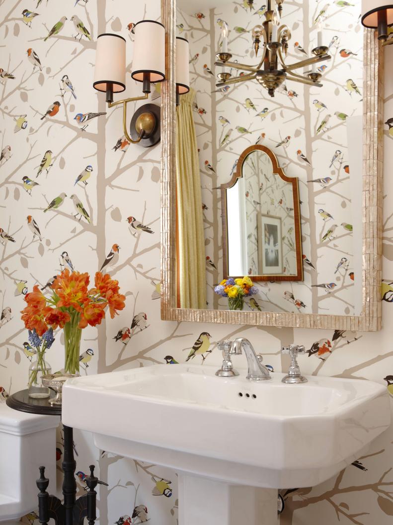 Contemporary Bird Wallpaper in Guest Bathroom