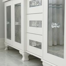 White Master Bathroom Vanity with Etched Glass Door Fronts