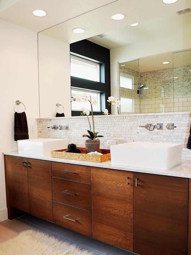 Contemporary Bathroom Vanity With Tile Backsplash | HGTV