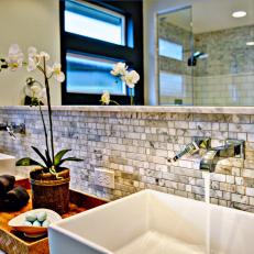 Contemporary Bathroom Vanity Area With Marble Backsplash