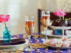 romantic tablescape with diy glitter champagne flutes