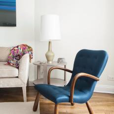 Midcentury Modern Blue Armchair in Coastal Bedroom Sitting Area