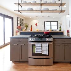 Contemporary Kitchen With Ceiling-Hung Shelving