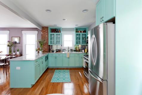 Spacious L-Shaped Kitchen Design With Tinted Aqua-Blue Cabinets
