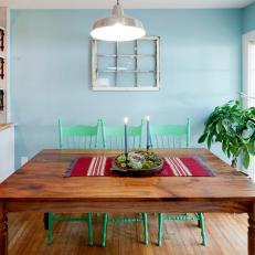 Blue Cottage Dining Room With Refinished Wood Table