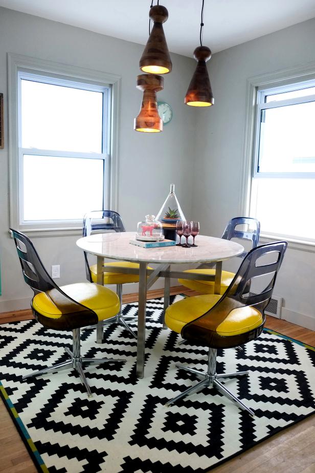 Patterned Rug Yellow Chairs, Yellow And White Dining Room Rug