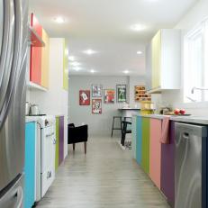 Modern Kitchen With Retro-Inspired Rainbow Cabinets
