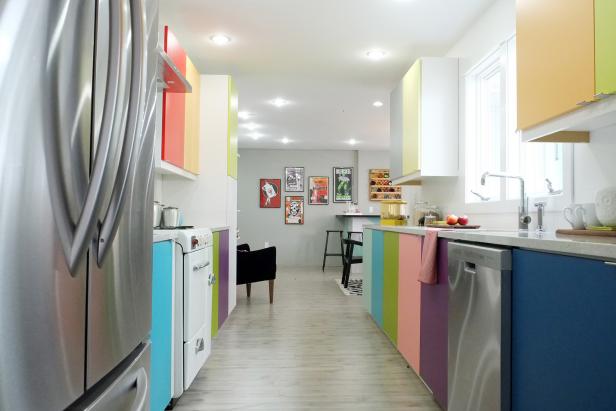 White Kitchen With Multicolor Cabinets, Vintage Oven and Gray Floor