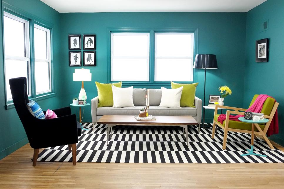 Teal Living Room With Black And White Rug Hgtv