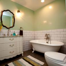 Light Green Cottage Bathroom With White Subway Tile 