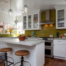 Open Kitchen With Green Subway Tile Backsplash