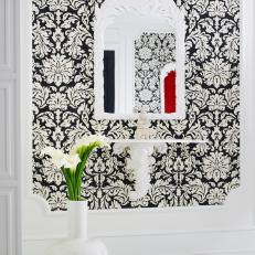 Foyer Featuring Black and White Damask Wallpaper