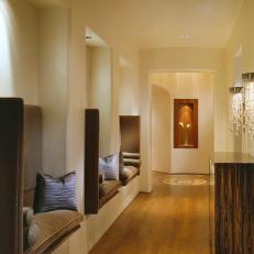 Neutral Contemporary Hallway With Cushioned-Lined Seating
