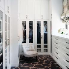 White Walk-In Closet With Giraffe-Patterned Carpet