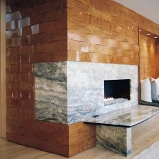Brown and Gray Modern Living Room With Marble Fireplace