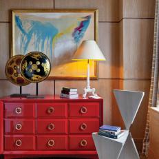 Eclectic Home Office With Red Dresser and Sisal Rug