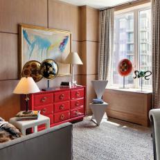 Home Office With Red Dresser and Oak Paneling