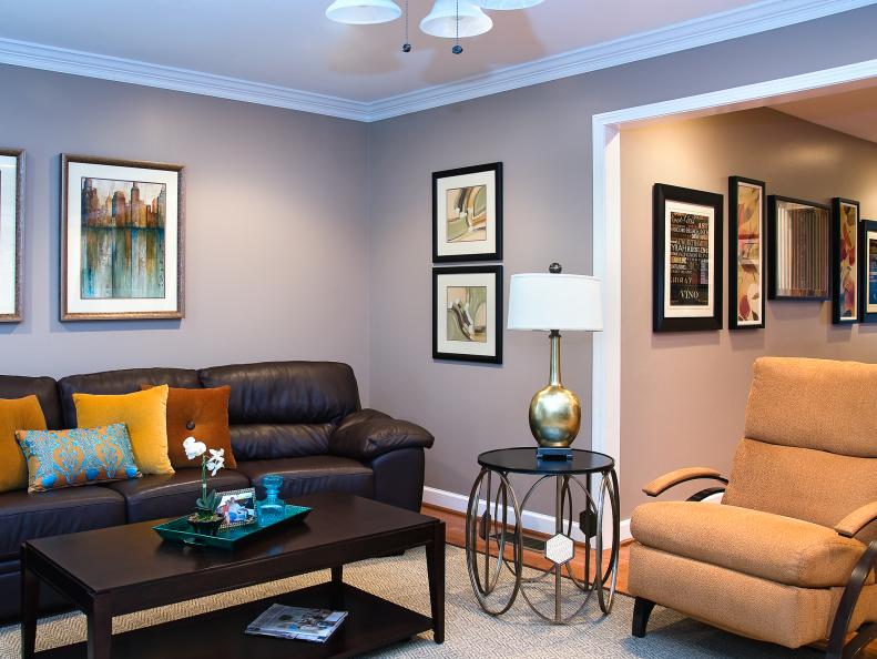 Gray Living Room With Brown Leather Sofa and Contemporary Chair  