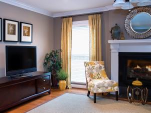 Gray Transitional Living Room With Soft Yellow Cur