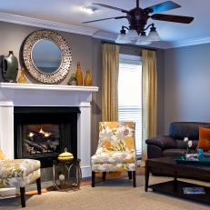 Gray Transitional Living Room With Large White Mantel
