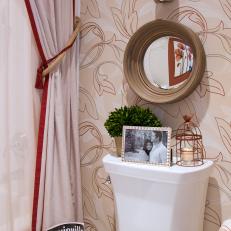 Traditional Bathroom With Red And White Floral Wallpaper