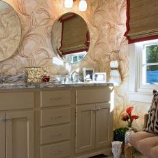 Transitional Bathroom With Beige Wallpaper