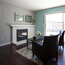 Contemporary Living Room with White Brick Fireplace