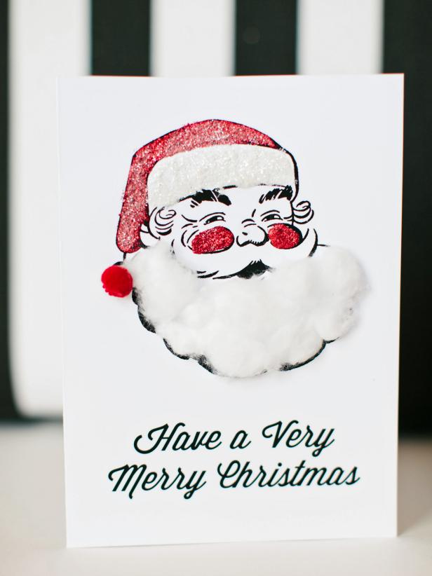 Santa Christmas Card With Red Glitter Glue and Cotton Balls