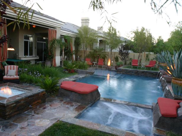 Asian Inspired Pool With Red Cushions And Fire Pit Hgtv