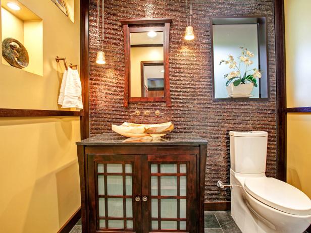 Yellow Asian Bathroom With Brown Mosaic Tile Wall | HGTV
