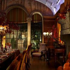 Seasonal Dining Room & Fireplace with Pumpkins
