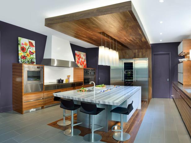 Modern Kitchen With Back Beveled Marble, Dropped Ceiling Above Kitchen Island